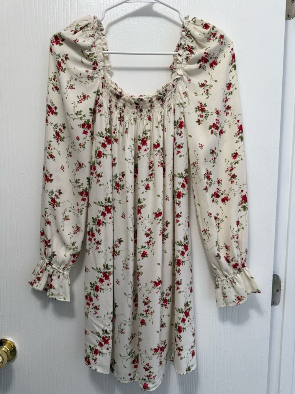 Reformation Hudsen Babydoll Cream Dress with Red Floral Print Size Small